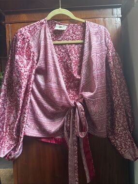 Lekha Silk Red Paisley Tie-Front Blouse